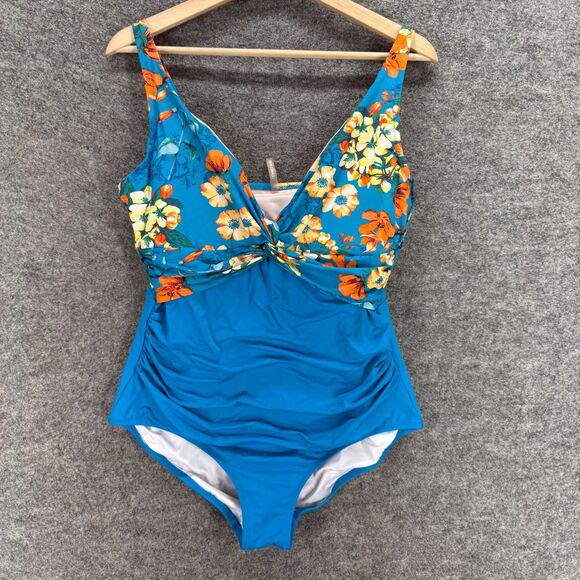 Lands' End Swimsuit Women 14 Blue Floral One Piece Sleeveless Push Up V-Neck - Picture 1 of 5